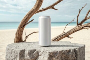 Fototapeta premium White soda can mockup placed on rough stone on white sand beach and dry branch with seascape background