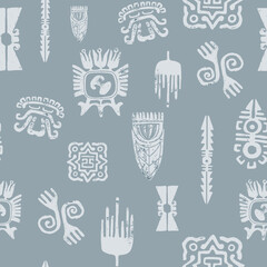 Ethnic pattern with hand drawn linocut elements. Endless texture with ancient Aztek symbols on blue background.