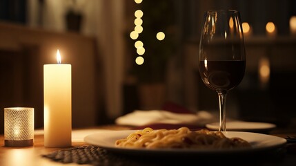 Fototapeta premium Romantic dinner setting with pasta, wine, and candlelight