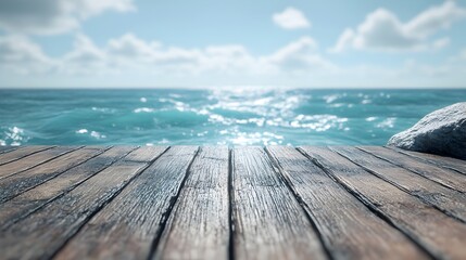 Fototapeta premium Minimalistic wooden dock in the ocean serving as a clean and rustic product mockup
