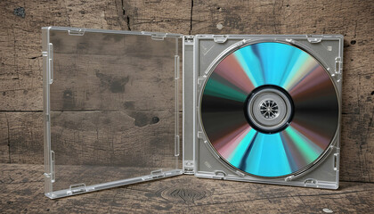 Optical Disc in Case on Wood Surface Reflecting Light Pattern