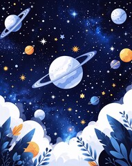 Naklejka premium white theme Starry galaxy outer space party invitation plain modern flat illustration background with copy space backdrop
