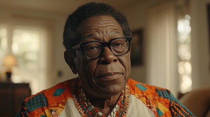 Obraz premium Portrait of a thoughtful elderly black man wearing glasses and a colorful patterned shirt in a warmly lit living room atmosphere, conveying wisdom and experience