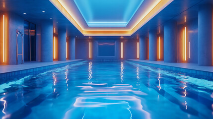 Obraz premium neon lit reflective pool design featuring luxurious ambiance and elegant symmetry with glowing water aesthetic and modern evening architectural style