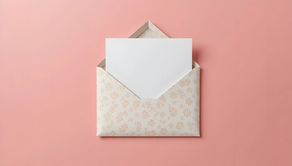 Opening Decorative Envelope with Blank Card on Pink Background Still Life