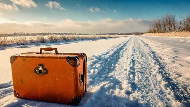 Vintage Suitcase on Snowy Road at Sunrise