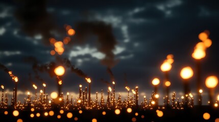 Naklejka premium industrial night scene, artwork depicting a nighttime view of a lit oil refinery with fiery gas flares illuminating the sky, capturing the industrys power and complexity