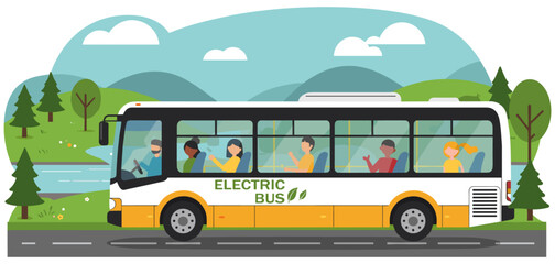 Electric bus riding in the mountain surrounded by natural landscape. Colorful flat design illustration. Zero, emission, sustainable means of transportation