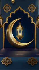 Obraz premium Luxury Ramadan Kareem Design with a Glowing Golden Lantern Suspended in a Crescent Moon Surrounded by Ornate Islamic Patterns Elegant Arabic Calligraphy and Decorative Elements Reflecting the Ramadan
