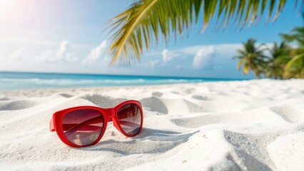 Red sunglasses placed on white sand beach with sea background in bright sunny day