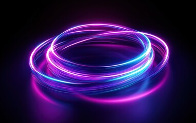 Abstract digital art of an illuminated futuristic circular pattern with neon lines on a dark purple background,