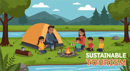 Sustainable tourism with Indian family enjoying camping in the middle of the mountain. Minimalist flat design illustration