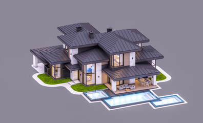 3d rendering of modern two story house with gray and wood accents, large windows, parking. In the evening Isolated on gray