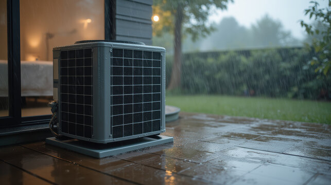modern air conditioning unit sits on patio during heavy rain, showcasing its durability and functionality in adverse weather