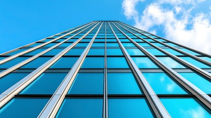 Obraz premium Modern Skyscraper with Reflective Glass Against Clear Blue Sky