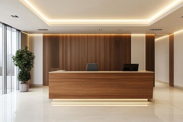 Office hall with wooden reception desk. AI generated illustration.