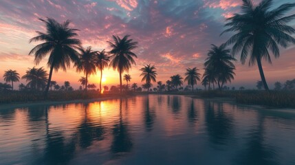Obraz premium Palm trees swaying gently over a calm lagoon, vibrant sunset sky reflecting in the water, tranquil tropical atmosphere, ultra-detailed, high resolution.