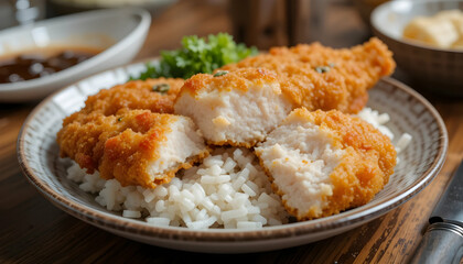 Fried Cutlet Served Over Rice with Parsley Garnishing Delicious Meal