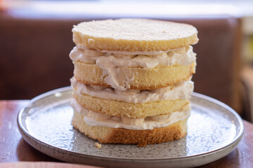 Sponge cake, shortcakes on baking grid, text space, selective focus, close up