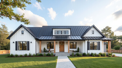 Modern farmhouse with sleek metal roof, white siding, and wooden accents. Lush green lawn and pathway enhance inviting atmosphere