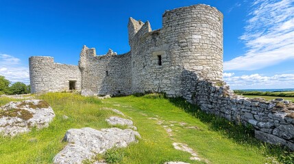 Ancient Stone Castle Ruins Surrounded by Green Grass and Blue Sky