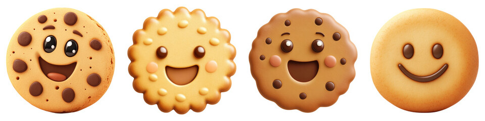 Happy cookies with smiling faces, chocolate chips, and cheerful expressions