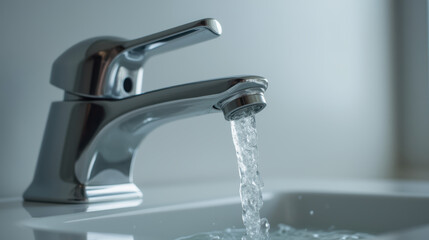 Modern faucet with flowing water in clean bathroom sink, creating refreshing atmosphere