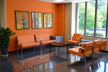 Orange office waiting area. AI generated illustration.