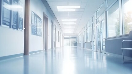 Bright and modern hospital corridor with panoramic windows and soft lighting. Spacious medical hallway with a light blue color palette, abstract blurred background, and ample copy space for healthcare
