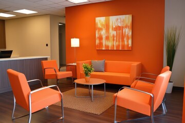 Fototapeta premium Orange office waiting area. AI generated illustration.