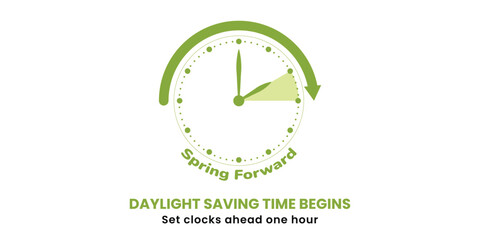 Spring Forward. Daylight Saving Time Start banner with clocks turning forward one hour. Vector illustration