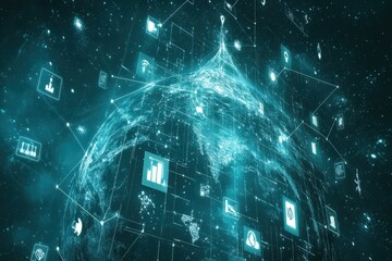 Global digital network with data flow and communication icons