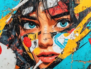 Vibrant Urban Mural Featuring Stylized Portrait with Bold Colors