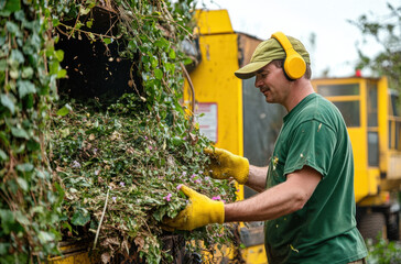 A man wearing a green shirt and yellow earmuffs efficiently feeds green waste into a processing machine at a gardening site