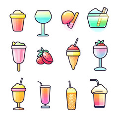 Colorful Cartoon Summer Treats: Ice Cream, Drinks, and Strawberries