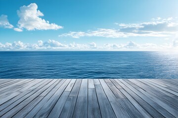 Obraz premium Scenic view of a wooden dock overlooking the ocean with a serene coastal background