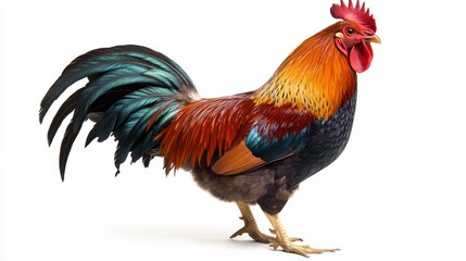 Fototapeta premium cock, top view, white solid background, sharp lines showing the roosterâ€™s proud stance, minimalistic and bold design.