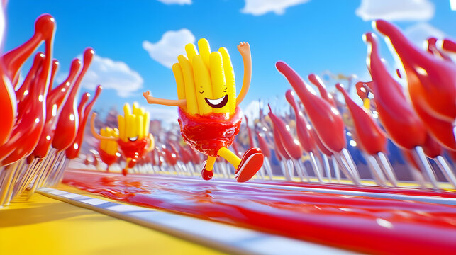 Joyful animated fries dash through a ketchup river, adding playful energy to the scene