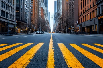 Fototapeta premium Empty street in new york city featuring a prominent yellow line under clear blue sky