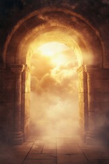 Ancient Stone Archway with Ethereal Light Leading to Heavenly Paradise Realm Beyond Mortal World