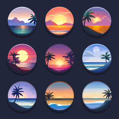 Tropical Sunset Beach Icons with Palm Trees and Vibrant Colors, Set of 9