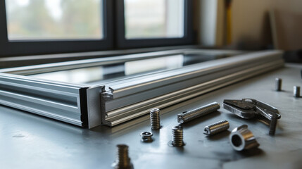 An aluminum window frame is being prepared for installation on a table with various tools and hardware scattered around