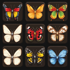Fototapeta premium Colorful Butterfly Collection, Insect Variety, Nature Illustration, Winged Icons
