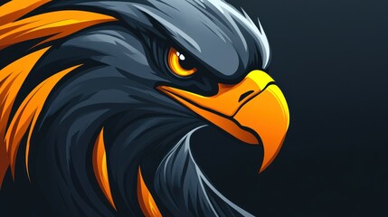 Close-up illustration of a fierce eagle's head with vibrant orange and black feathers against a dark background