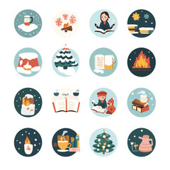 Winter Holiday Icons with Reading, Snow, and Hot Drinks in Flat Design