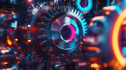 Close-up of intricate metallic gears with vibrant lighting in a futuristic machinery setting