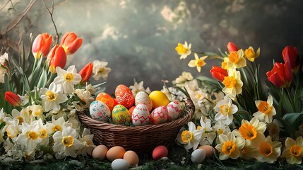 Naklejka premium Cute easter bunny and cat with colorful eggs in a floral spring environment for festive celebrations