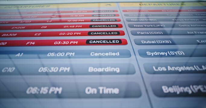 International Airport Terminal: Digital Arrival and Departure Information Display Showing Useful Flight Data For Travelers. Canceled Flights Due to Bad Weather Conditions or Terrorist Attack. Close Up