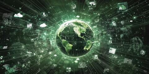 Digital transformation of earth with data icons in a futuristic green technology network