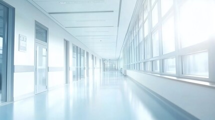 Obraz premium Bright and modern hospital corridor with panoramic windows and soft lighting. Spacious medical hallway with a light blue color palette, abstract blurred background, and ample copy space for healthcare